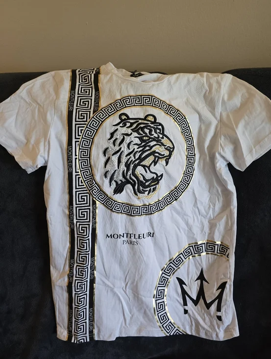 Montfleuri Paris White Graphic Short Sleeve Tee with Black and Gold Accents - Picture 2 of 6